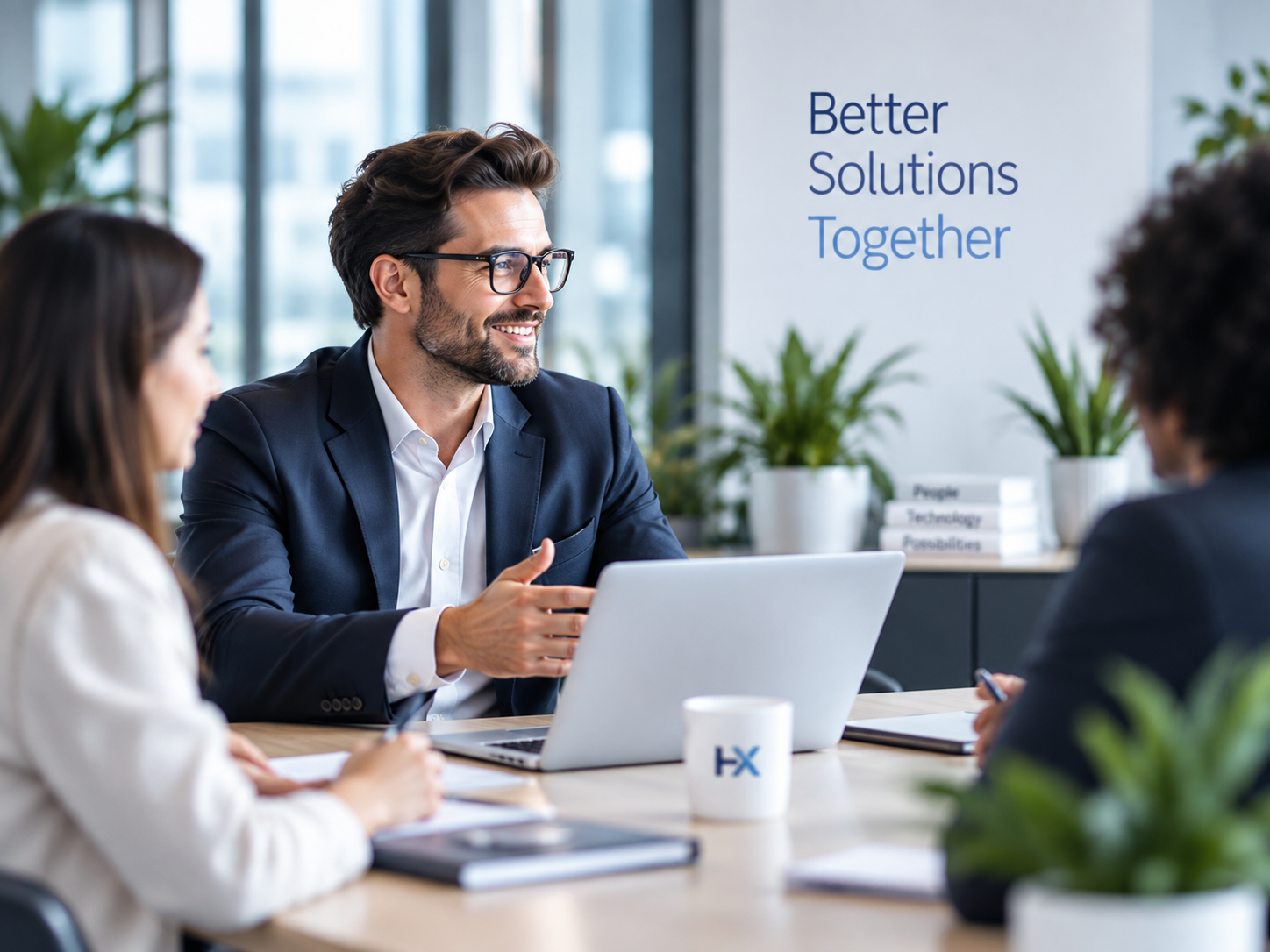 A senior delivery team collaborating in a modern office